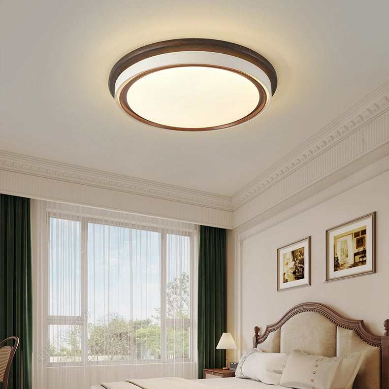 Plafonnier LED rond géométrique minimaliste moderne en acrylique et grain de bois pour chambre 