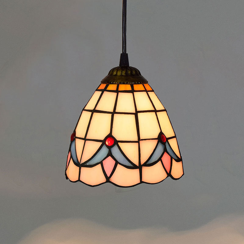 Lustre suspendu rond en fer avec vitrail de fleur de magnolia traditionnel Tiffany à 1 lumière pour salon 
