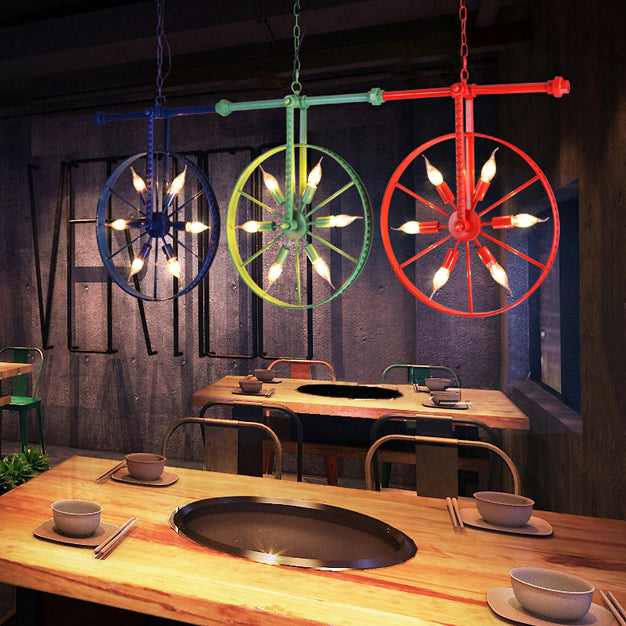 Chandelier contemporain industriel antique en fer avec abat-jour à roues 6 lumières pour salle à manger 