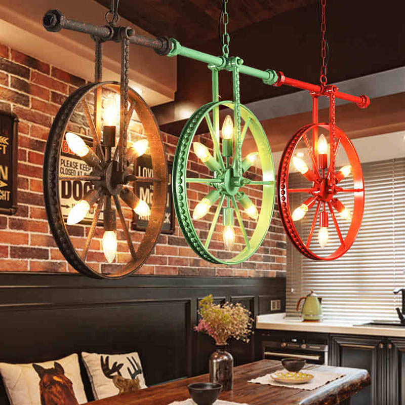 Chandelier contemporain industriel antique en fer avec abat-jour à roues 6 lumières pour salle à manger 