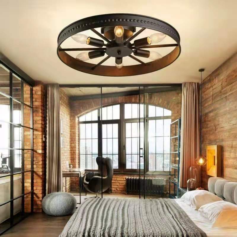 Plafonnier contemporain industriel antique en fer avec abat-jour en roue à 6 lumières pour salle à manger 