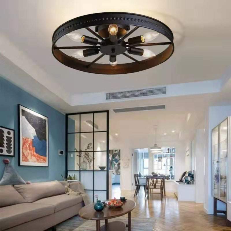 Plafonnier contemporain industriel antique en fer avec abat-jour en roue à 6 lumières pour salle à manger 