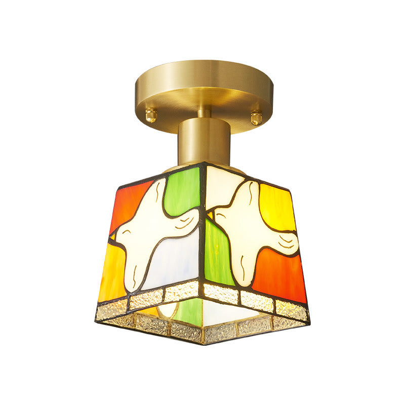 Lustre semi-encastré à 1 lumière avec vitrail carré traditionnel Tiffany Pigeon pour couloir 