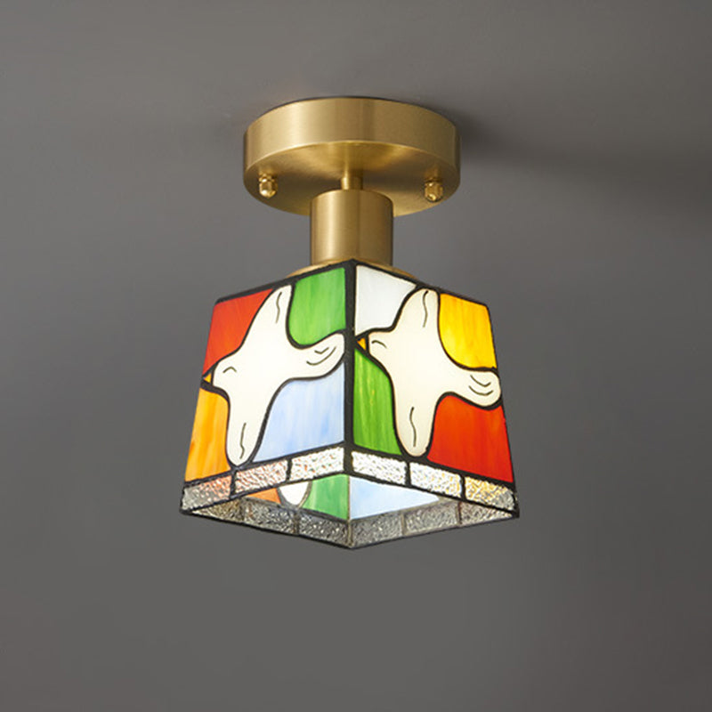 Lustre semi-encastré à 1 lumière avec vitrail carré traditionnel Tiffany Pigeon pour couloir 