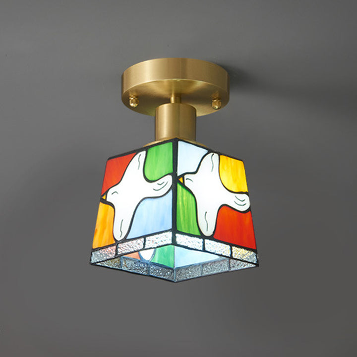 Lustre semi-encastré à 1 lumière avec vitrail carré traditionnel Tiffany Pigeon pour couloir 