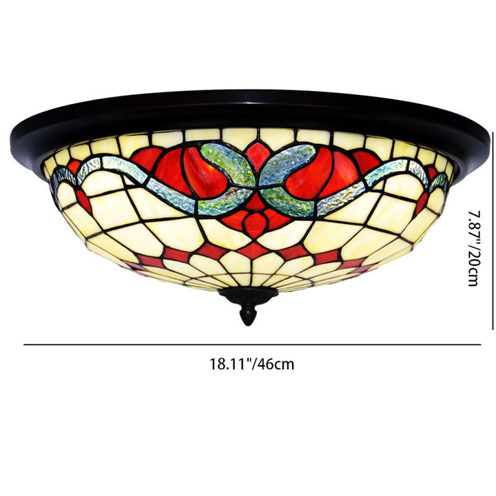 Plafonnier à trois lumières avec dôme en verre teinté baroque traditionnel Tiffany pour salon 