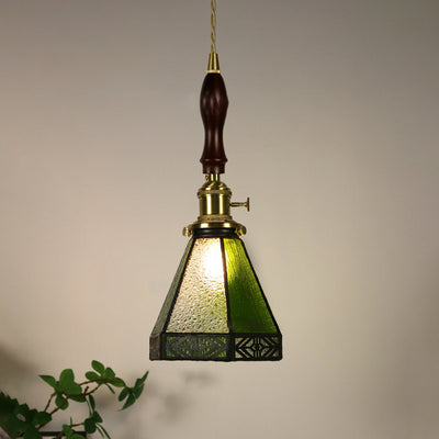 Traditional Vintage Pastoral Conical Water Ripple Glass Shade Solid Wood 1-Light Pendant Light For Living Room