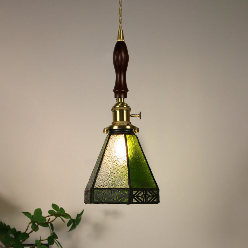 Traditional Vintage Pastoral Conical Water Ripple Glass Shade Solid Wood 1-Light Pendant Light For Living Room