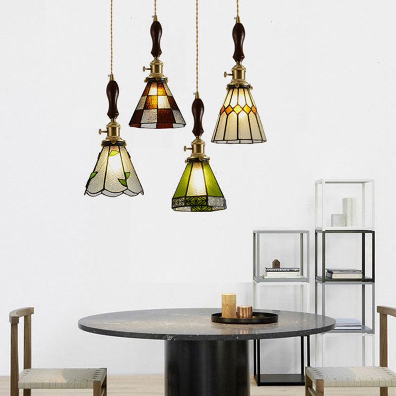 Traditional Vintage Pastoral Conical Water Ripple Glass Shade Solid Wood 1-Light Pendant Light For Living Room
