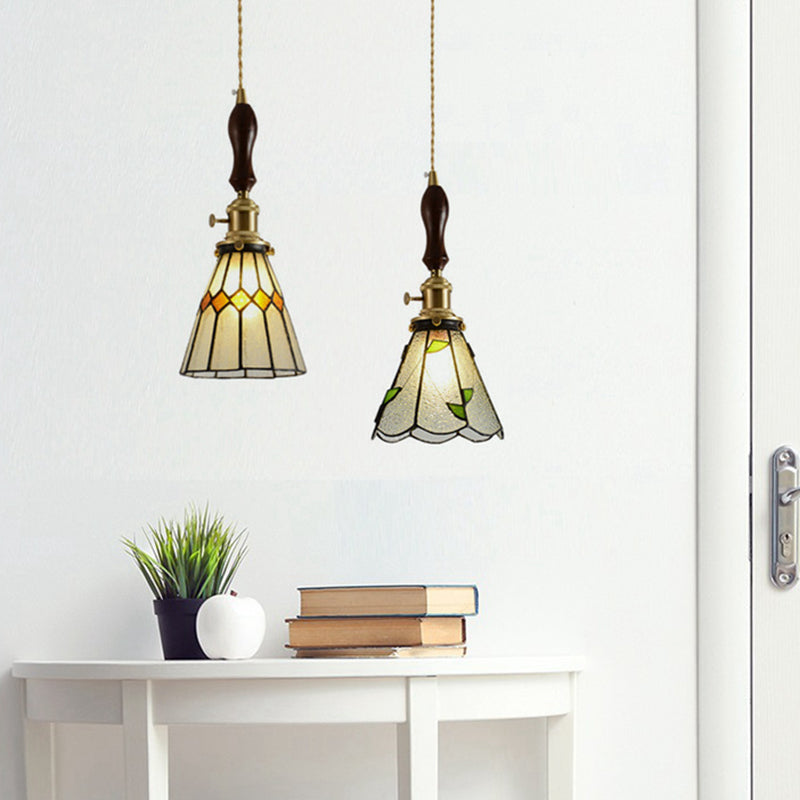 Traditional Vintage Pastoral Conical Water Ripple Glass Shade Solid Wood 1-Light Pendant Light For Living Room