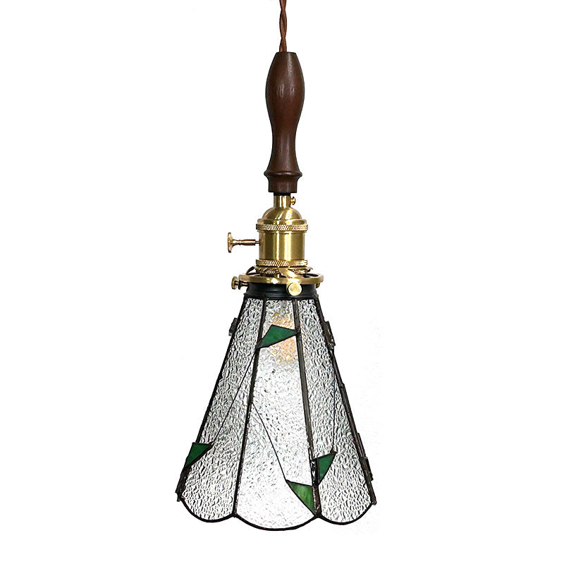 Traditional Vintage Pastoral Conical Water Ripple Glass Shade Solid Wood 1-Light Pendant Light For Living Room
