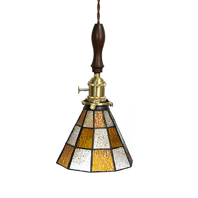 Traditional Vintage Pastoral Conical Water Ripple Glass Shade Solid Wood 1-Light Pendant Light For Living Room