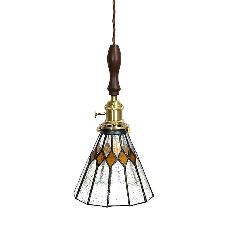 Traditional Vintage Pastoral Conical Water Ripple Glass Shade Solid Wood 1-Light Pendant Light For Living Room