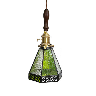 Traditional Vintage Pastoral Conical Water Ripple Glass Shade Solid Wood 1-Light Pendant Light For Living Room