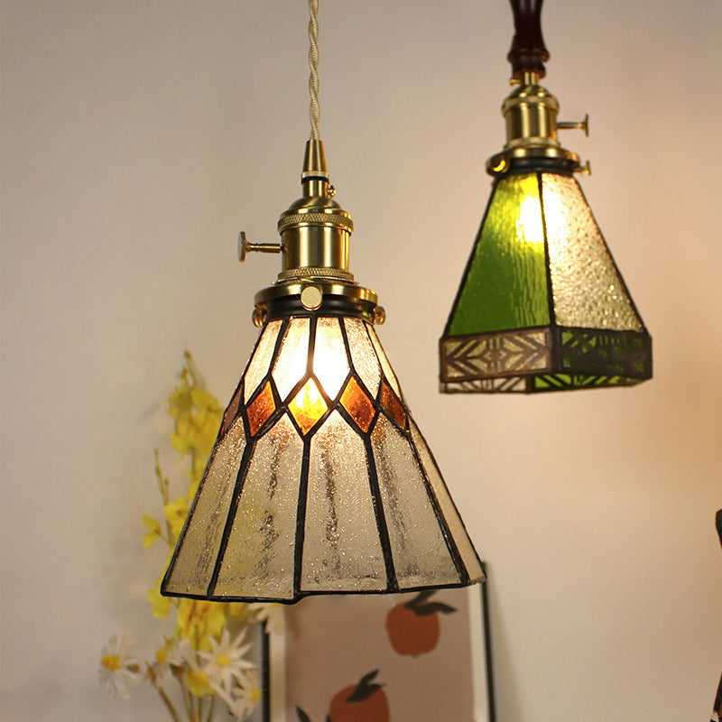 Traditional Vintage Pastoral Conical Water Ripple Glass Shade Solid Wood 1-Light Pendant Light For Living Room