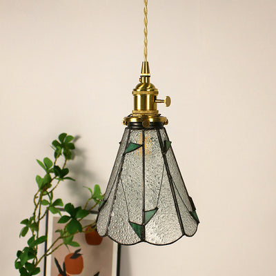 Traditional Vintage Pastoral Conical Water Ripple Glass Shade Solid Wood 1-Light Pendant Light For Living Room