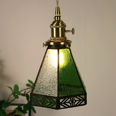 Traditional Vintage Pastoral Conical Water Ripple Glass Shade Solid Wood 1-Light Pendant Light For Living Room