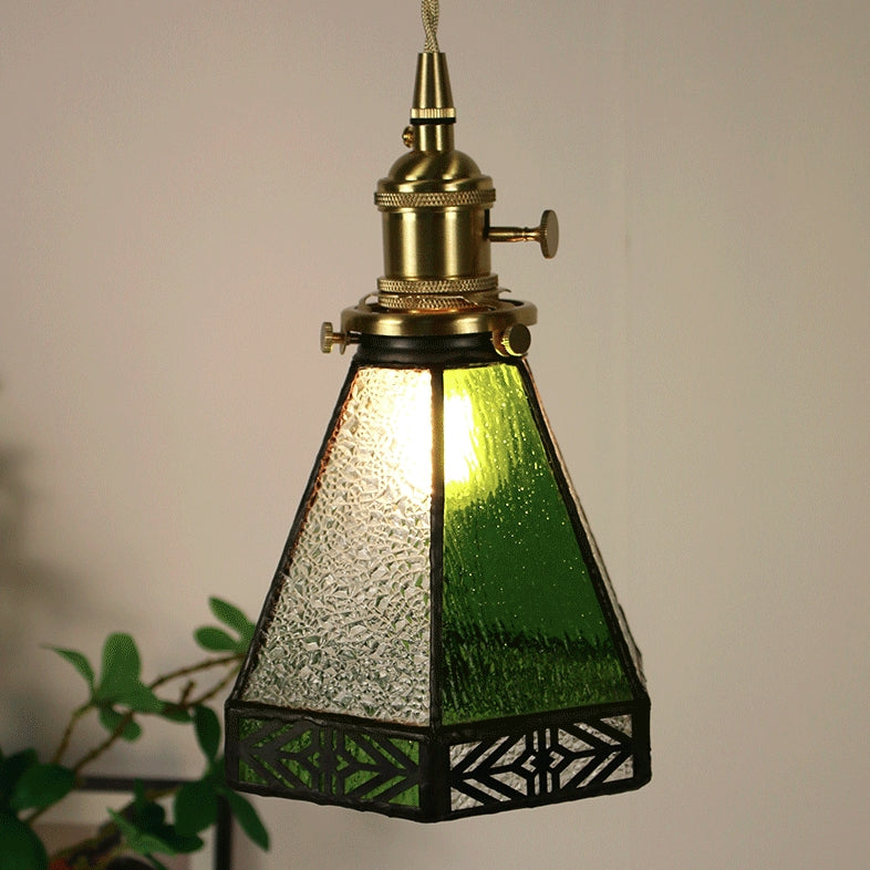 Traditional Vintage Pastoral Conical Water Ripple Glass Shade Solid Wood 1-Light Pendant Light For Living Room