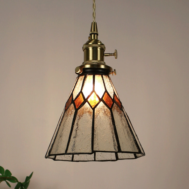 Traditional Vintage Pastoral Conical Water Ripple Glass Shade Solid Wood 1-Light Pendant Light For Living Room