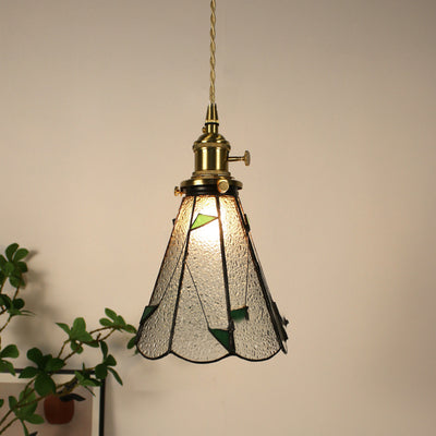 Traditional Vintage Pastoral Conical Water Ripple Glass Shade Solid Wood 1-Light Pendant Light For Living Room