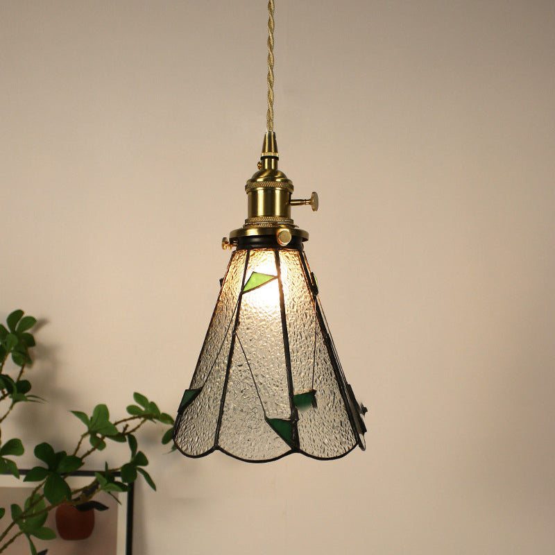 Traditional Vintage Pastoral Conical Water Ripple Glass Shade Solid Wood 1-Light Pendant Light For Living Room