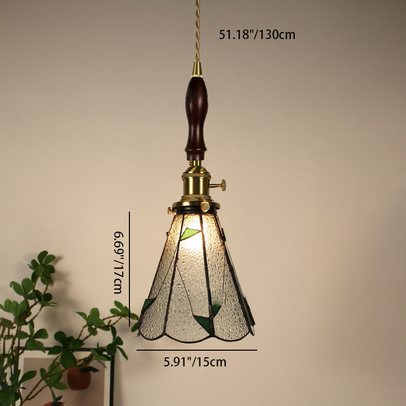 Traditional Vintage Pastoral Conical Water Ripple Glass Shade Solid Wood 1-Light Pendant Light For Living Room