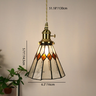 Traditional Vintage Pastoral Conical Water Ripple Glass Shade Solid Wood 1-Light Pendant Light For Living Room
