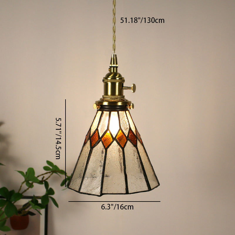Traditional Vintage Pastoral Conical Water Ripple Glass Shade Solid Wood 1-Light Pendant Light For Living Room