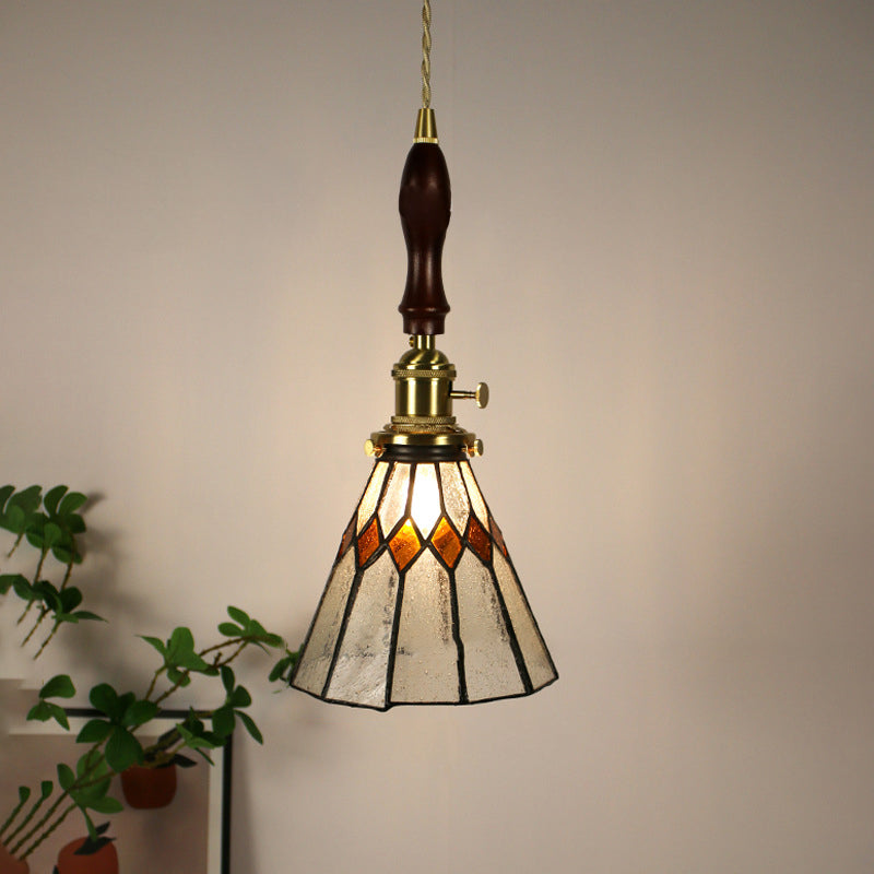 Traditional Vintage Pastoral Conical Water Ripple Glass Shade Solid Wood 1-Light Pendant Light For Living Room