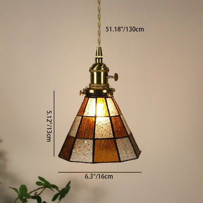 Traditional Vintage Pastoral Conical Water Ripple Glass Shade Solid Wood 1-Light Pendant Light For Living Room