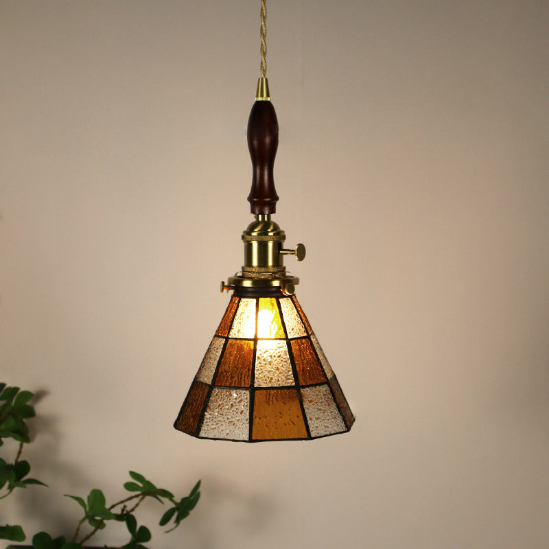 Traditional Vintage Pastoral Conical Water Ripple Glass Shade Solid Wood 1-Light Pendant Light For Living Room