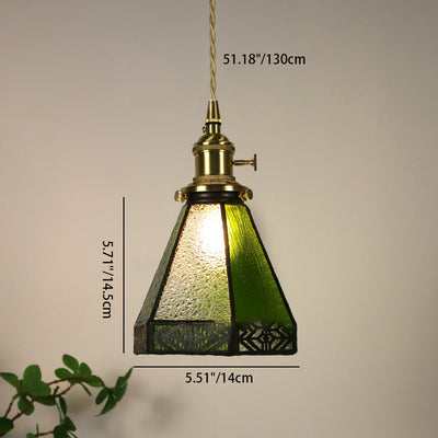 Traditional Vintage Pastoral Conical Water Ripple Glass Shade Solid Wood 1-Light Pendant Light For Living Room
