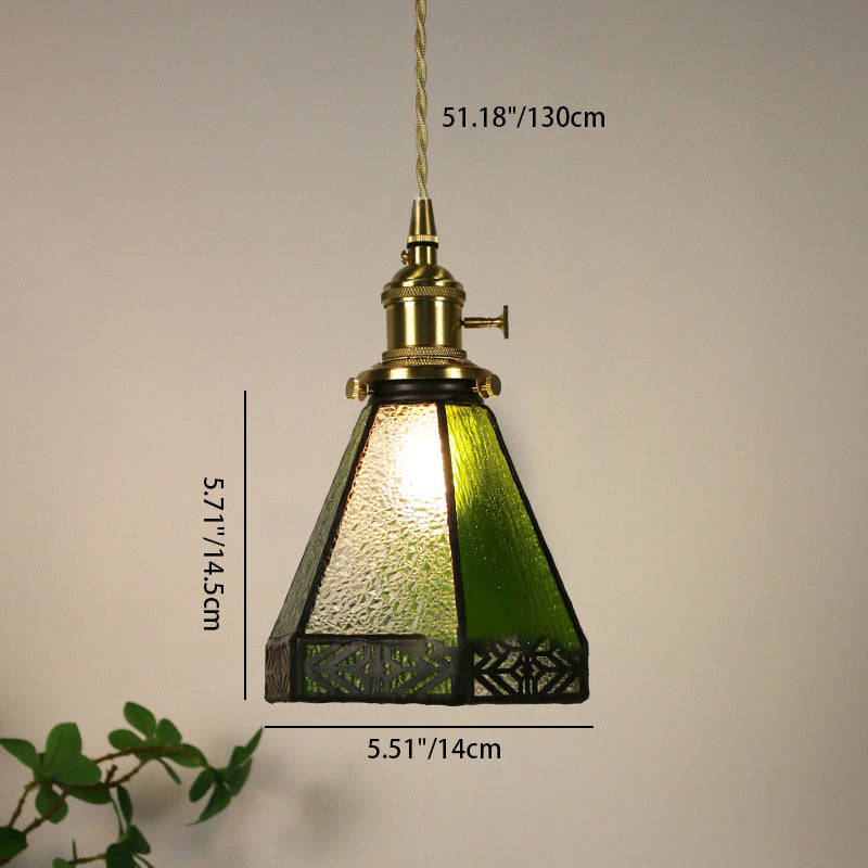 Traditional Vintage Pastoral Conical Water Ripple Glass Shade Solid Wood 1-Light Pendant Light For Living Room