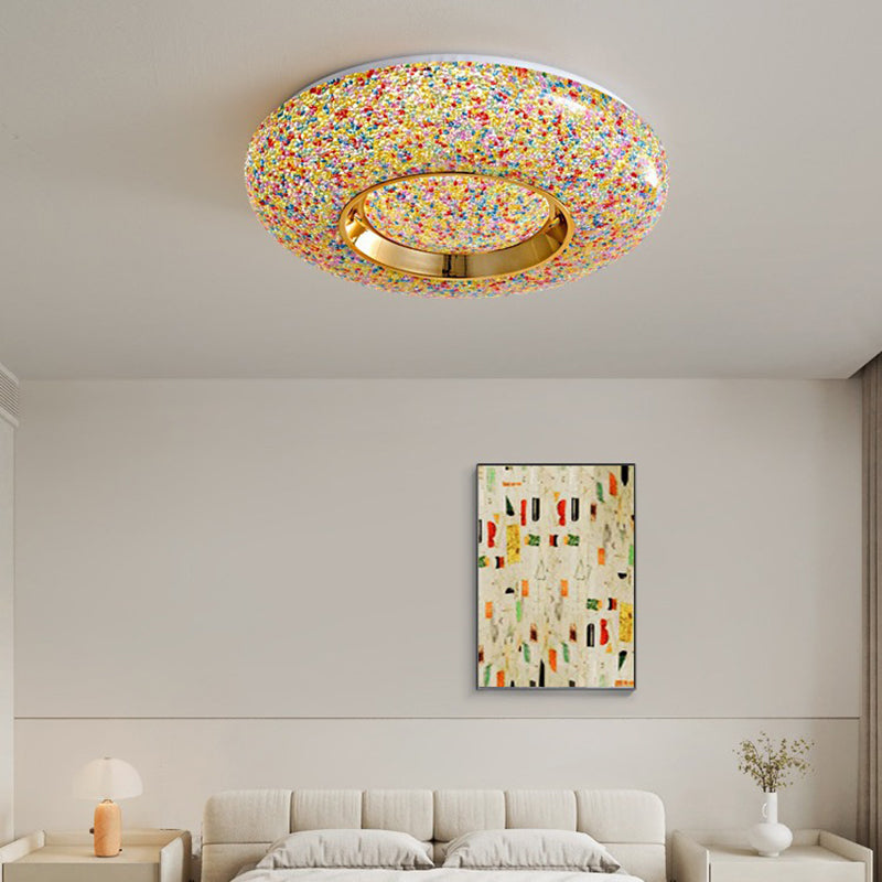 Contemporary Luxury Dazzling Crystal Sand Acrylic Geometric Ring LED Flush Mount Ceiling Light For Bedroom