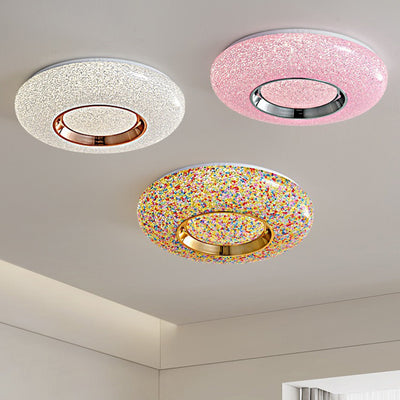 Contemporary Luxury Dazzling Crystal Sand Acrylic Geometric Ring LED Flush Mount Ceiling Light For Bedroom