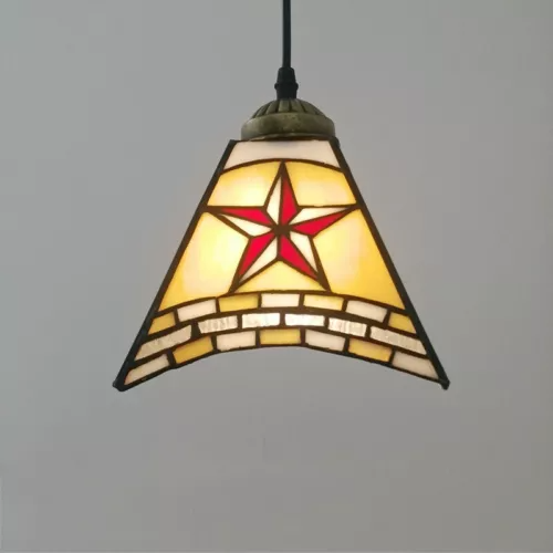 Pantalla de pirámide con patrón geométrico de vidrio Tiffany tradicional de una luz para lámpara colgante en la sala de estar 
