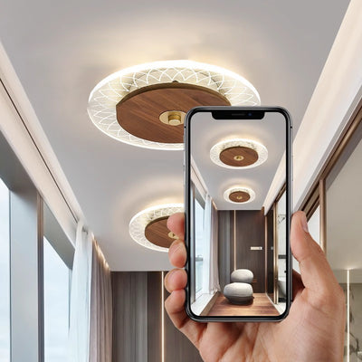 Contemporary Simplicity Solid Wood Acrylic Round LED Flush Mount Ceiling Light For Bedroom