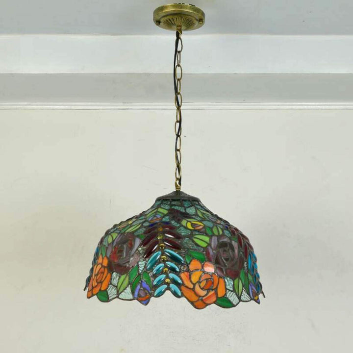 Traditional Tiffany Grape Rose Flower Pattern Stained Glass Round 2/3-Light Chandelier For Living Room