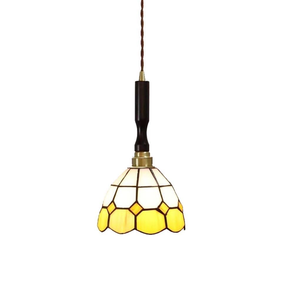Lámpara colgante de 1 luz de vidrio teñido de latón con diseño de patchwork a cuadros tradicional Tiffany para dormitorio 