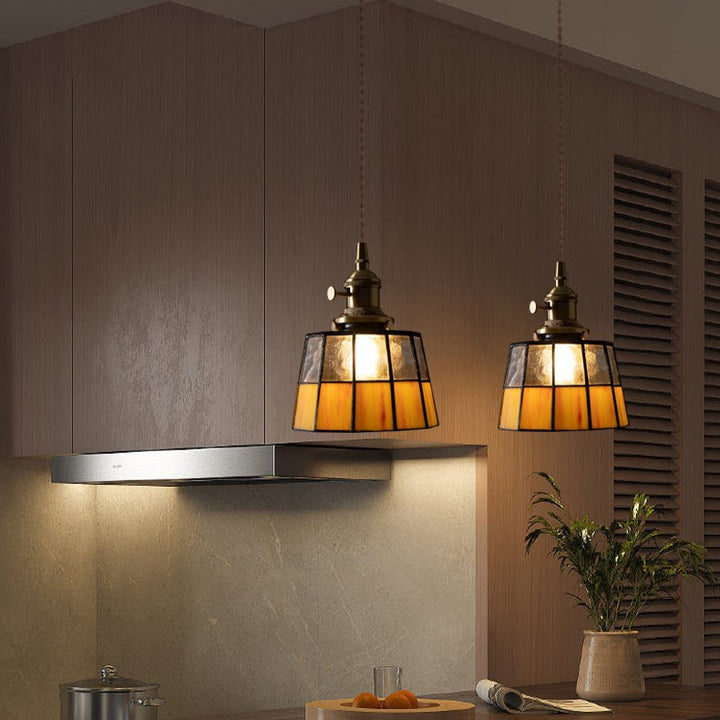 Traditional Vintage Brass Checkered Patchwork Glass Round 1-Light Pendant Light For Bedroom