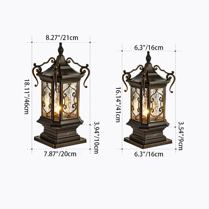 Luz de poste exterior de 1 luz con marco de aluminio tallado y vidrio ondulado cúbico tradicional europeo para jardín 