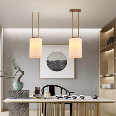 Luminaire suspendu à 1 lumière avec abat-jour rond en tissu en acier inoxydable chinois traditionnel pour chambre 