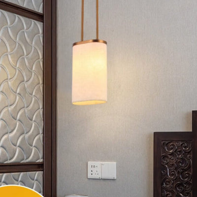 Luminaire suspendu à 1 lumière avec abat-jour rond en tissu en acier inoxydable chinois traditionnel pour chambre 