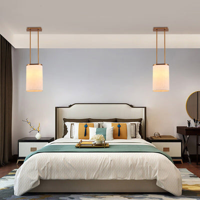 Luminaire suspendu à 1 lumière avec abat-jour rond en tissu en acier inoxydable chinois traditionnel pour chambre 