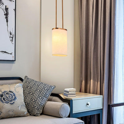 Luminaire suspendu à 1 lumière avec abat-jour rond en tissu en acier inoxydable chinois traditionnel pour chambre 