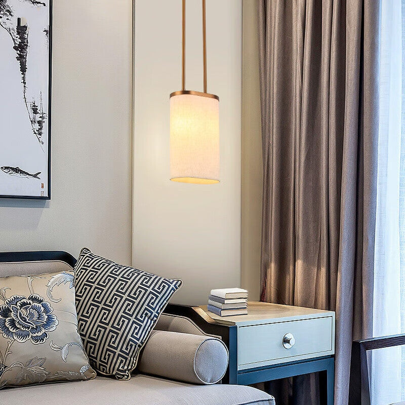 Luminaire suspendu à 1 lumière avec abat-jour rond en tissu en acier inoxydable chinois traditionnel pour chambre 