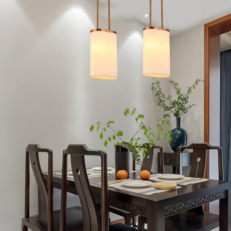 Luminaire suspendu à 1 lumière avec abat-jour rond en tissu en acier inoxydable chinois traditionnel pour chambre 