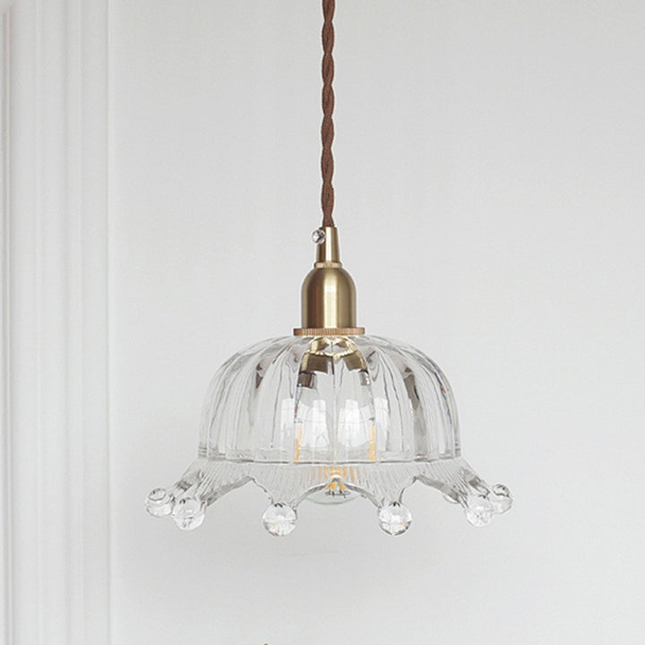 Traditional Japanese Brass Flower Glass Shade 1-Light Pendant Light For Bedroom
