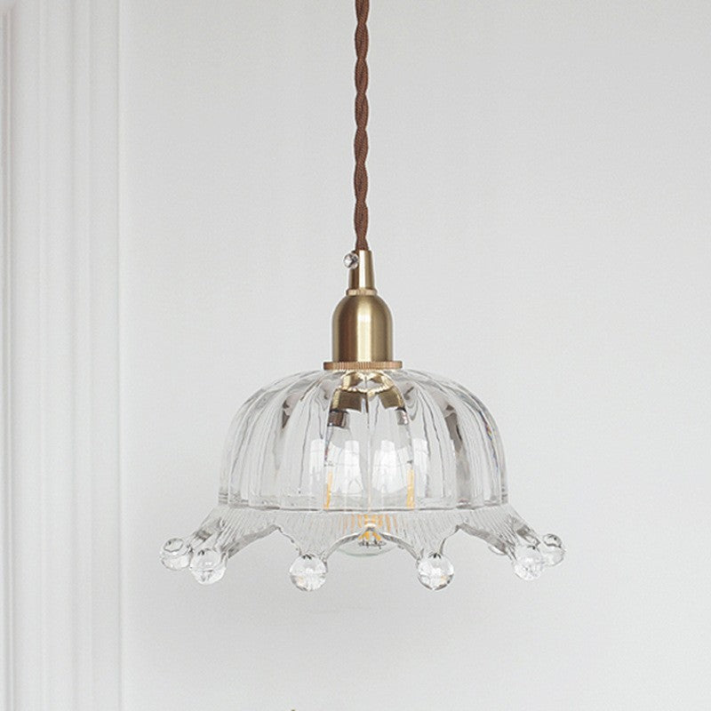 Traditional Japanese Brass Flower Glass Shade 1-Light Pendant Light For Bedroom