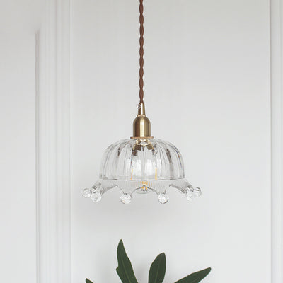 Traditional Japanese Brass Flower Glass Shade 1-Light Pendant Light For Bedroom